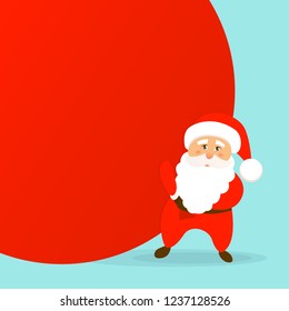 Cute Santa Claus pulling huge bag. Christmas vector illustration. Santa on blue background. 