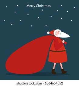 Cute Santa Claus pulls a big bag with gifts and smiles. Vector illustration. Christmas card.