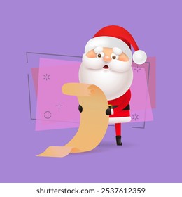 Cute Santa Claus reading gift giving list. Paper, scroll, speaking. Christmas concept. Realistic vector illustration can be used for topics like presents, Xmas, New Year Sale, announcement