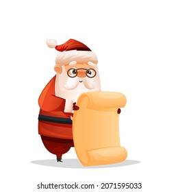 Cute Santa Claus is reading the list. Christmas illustration isolated on white background