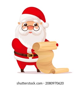 Cute Santa Claus reading the list, Christmas vector illustration