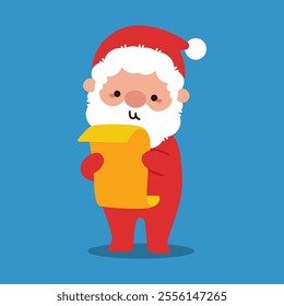 Cute Santa Claus reading a wish list vector cartoon character.