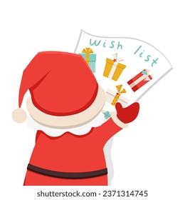 Cute Santa Claus reads wish list with children’s gifts. Christmas, New Year coloured vector illustration. Collection of Santa in cartoon style. Humour