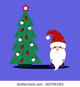 cute santa claus in a red cap with a pumpon and a blue cloak next to a christmas tree