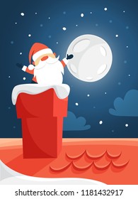 Cute Santa Claus in red clothes waving from chimney. Merry Christmas and New Year celebration. Night sky and moon on the background. lat vector illustration