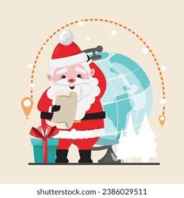 Cute Santa Claus in red costume checking the list of gift delivery. Worldwide Christmas delivery