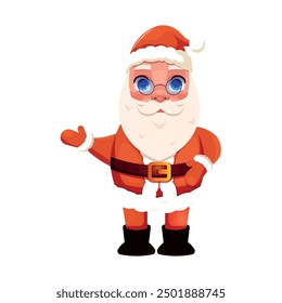 Cute Santa Claus in a red costume with glasses. Vector Santa Claus is waving his hand on white isolated background