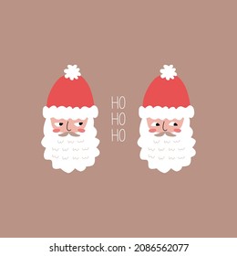 Cute Santa Claus in red hat with funny eyes hand drawn vector illustration. Adorable Christmas character. HO HO HO New Year greeting card.