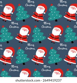 Cute Santa Claus with red hat and Christmas trees, festive Merry Christmas greeting, holiday season pattern for celebration.