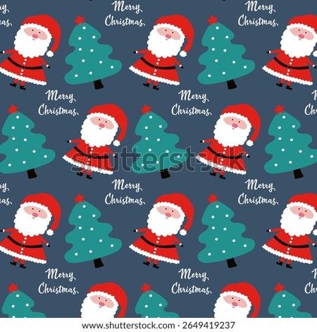 Cute Santa Claus with red hat and Christmas trees, festive Merry Christmas greeting, holiday season pattern for celebration.