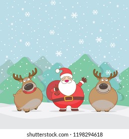 Cute Santa Claus and reindeer cartoon characters with snow falling background.