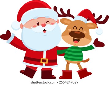 Cute Santa Claus And Reindeer Cartoon Characters Singing And Waving Hands. Vector Illustration Flat Design Isolated On Transparent Background