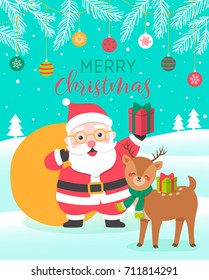 Cute santa claus and reindeer cartoon illustration with snow fall and pine leaves background for Christmas greeting card