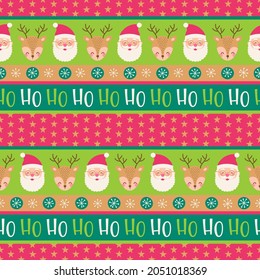 Cute santa claus, reindeer and christmas elements seamless pattern with striped background.