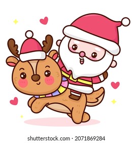 Cute santa claus and reindeer Christmas cartoon Xmas vector Kawaii character. Fairytale illustration: Series Happy new year girly doodle. Isolated on white background. Perfect make a wish for party.