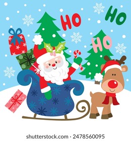 Cute Santa Claus and Reindeer For Christmas Card or Bag design