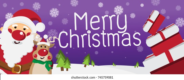 Cute Santa Claus and Reindeer with gift on Purple background with snowflakes,Merry Christmas and Happy New Year Concept,design for Greeting Card and poster,Vector illustration.