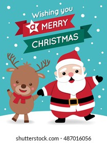 Cute santa claus and reindeer illustration for christmas card