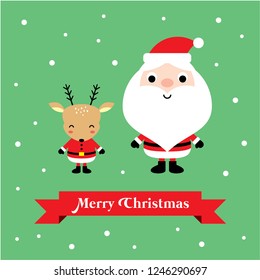 cute santa claus and reindeer merry christmas greeting card vector.