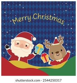 Cute Santa Claus and reindeer on blue diamond check Pattern square Christmas banner
