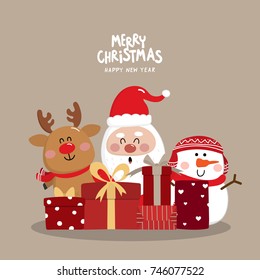 Cute Santa Claus, reindeer and snowman with Christmas gift, vector