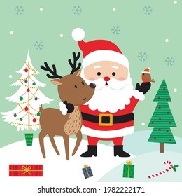 Cute Santa Claus and reindeer, vector illustration