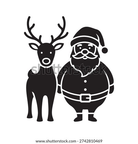Cute Santa Claus and Reindeer Vector Illustration - Black Minimalist Christmas Silhouette for Winter Holiday and X-mas Greeting Card Design