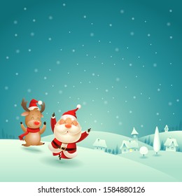 Cute Santa Claus and Reindeer - winter night landscape background