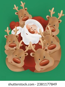 cute santa claus with reindeer wishing you merry christmas greeting vector character background.