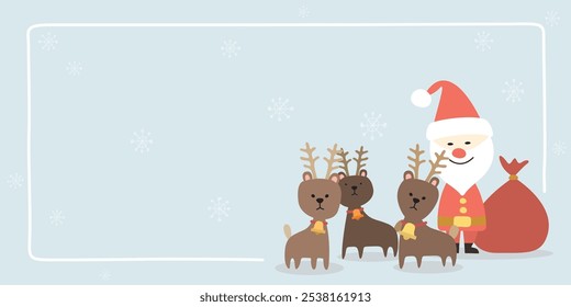 Cute Santa Claus and reindeers childish style with doodle frame and snowflakes background have blank space graphic illustration. Merry Christmas greeting card template.