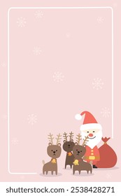 Cute Santa Claus and reindeers childish style with doodle frame and snowflakes background have blank space graphic illustration. Merry Christmas greeting card vertical template.