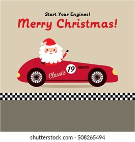 cute santa claus ride on vintage racing car merry christmas greeting card vector