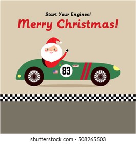 cute santa claus ride on vintage racing car merry christmas greeting card vector