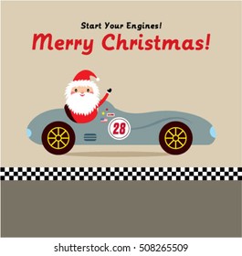 cute santa claus ride on vintage racing car merry christmas greeting card vector