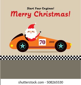 cute santa claus ride on vintage racing car merry christmas greeting card vector