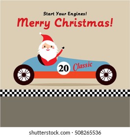 cute santa claus ride on vintage racing car merry christmas greeting card vector