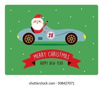 cute santa claus ride on vintage racing car merry christmas greeting card vector