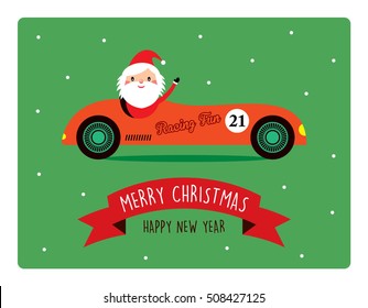 cute santa claus ride on vintage racing car merry christmas greeting card vector