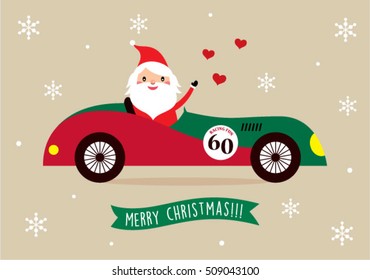 cute santa claus ride on vintage racing car merry christmas greeting card vector