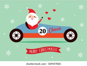 cute santa claus ride on vintage racing car merry christmas greeting card vector