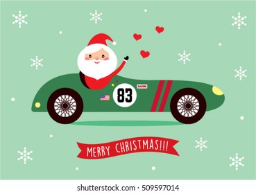 cute santa claus ride on vintage racing car merry christmas greeting card vector