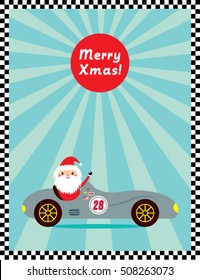 cute santa claus ride racing car merry christmas greeting card vector