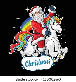 cute santa claus rides cute unicorn between rainbow and star