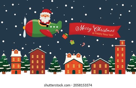 Cute Santa Claus riding airplane to Christmas town. Flat vector cartoon design