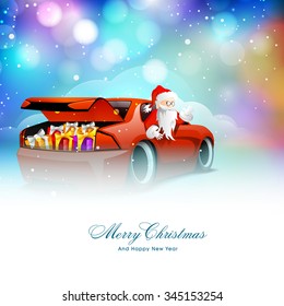 Cute Santa Claus riding a glossy red car, loaded with colorful gifts on shiny background for Merry Christmas and Happy New Year celebration.