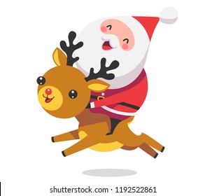 Cute Santa Claus riding his deer. Vector illustration isolated on white background.