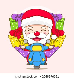 Cute Santa Claus riding motorcycle deliver gift box Chibi character illustration