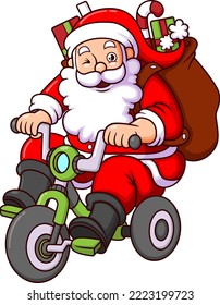 El lindo santa claus monta en bicicleta y lleva regalos mientras hace guiños por la ilustración