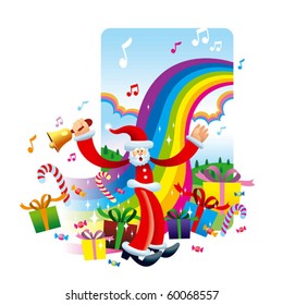 Cute Santa Claus ring the Christmas bell and all the presents and sweet candy coming from a midnight colorful rainbow.