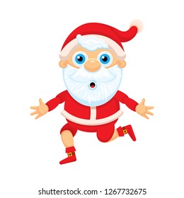 Cute Santa Claus running with hugs. Christmas, children, cartoon character. Vector graphics.